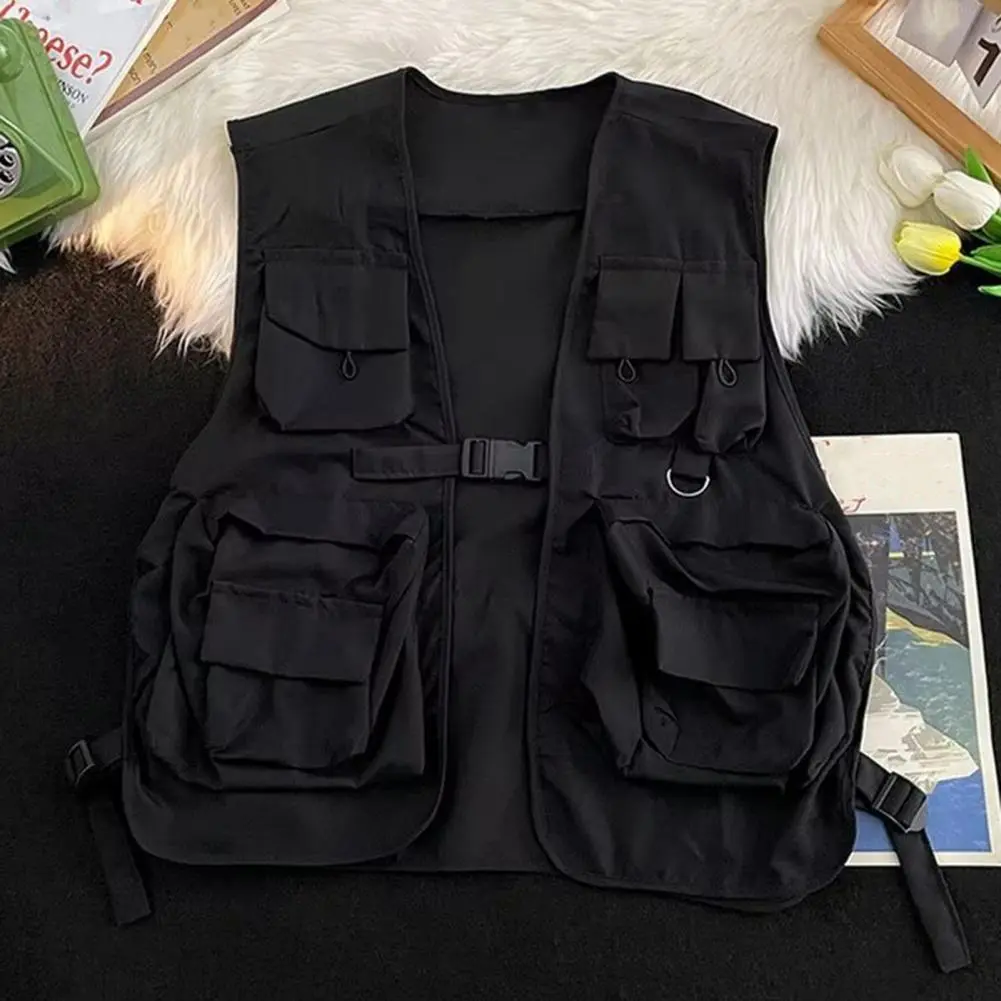 Unisex Vest Hip Hop Style Solid Color Sleeveless Vest Coat Loose Buckle Closure Multi Pockets Women Men Cargo Waistcoat