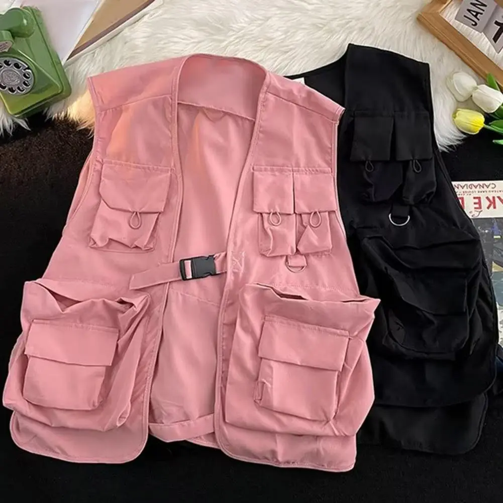 Unisex Vest Hip Hop Style Solid Color Sleeveless Vest Coat Loose Buckle Closure Multi Pockets Women Men Cargo Waistcoat