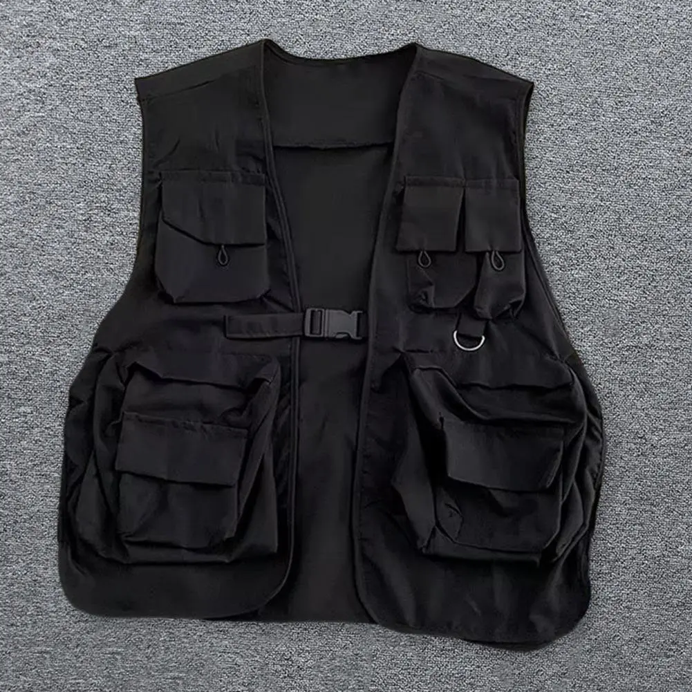 Unisex Vest Hip Hop Style Solid Color Sleeveless Vest Coat Loose Buckle Closure Multi Pockets Women Men Cargo Waistcoat