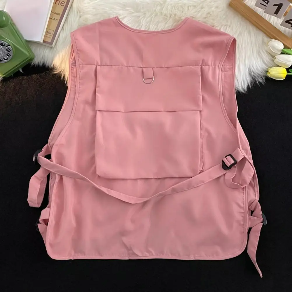 Unisex Vest Hip Hop Style Solid Color Sleeveless Vest Coat Loose Buckle Closure Multi Pockets Women Men Cargo Waistcoat