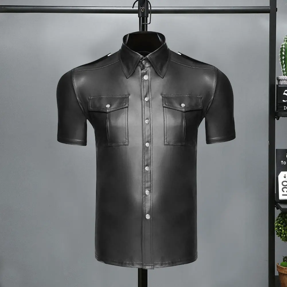 Men Club Performance Shirt Matte Faux Leather Shirt Single-breasted Mid Length Short Sleeves Stage Show Nightclub Dance Top