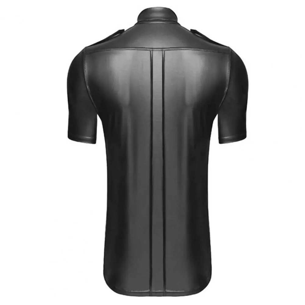 Men Club Performance Shirt Matte Faux Leather Shirt Single-breasted Mid Length Short Sleeves Stage Show Nightclub Dance Top