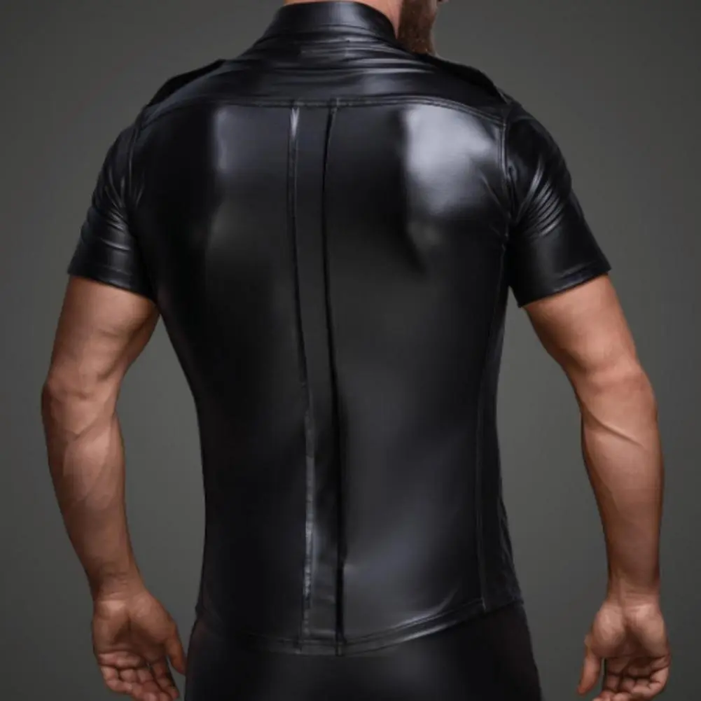 Men Club Performance Shirt Matte Faux Leather Shirt Single-breasted Mid Length Short Sleeves Stage Show Nightclub Dance Top