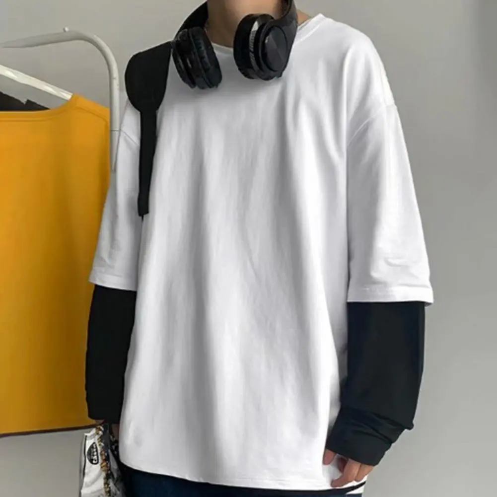 Long Sleeves Men T-shirt Fake Two Pieces O Neck Contrast Color Men's Sweatshirt Casual Oversized Soft Hip Hop Men Top for School