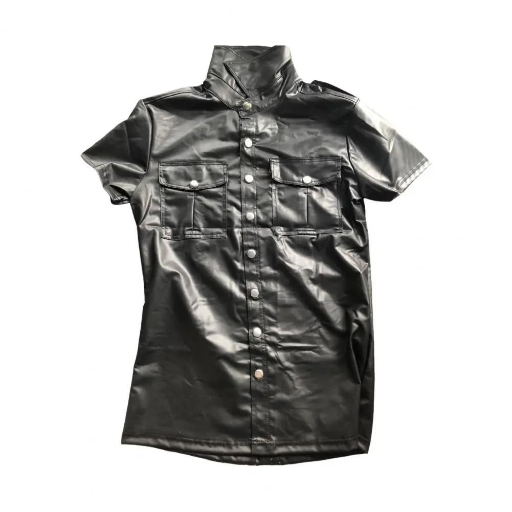 Men Club Performance Shirt Matte Faux Leather Shirt Single-breasted Mid Length Short Sleeves Stage Show Nightclub Dance Top