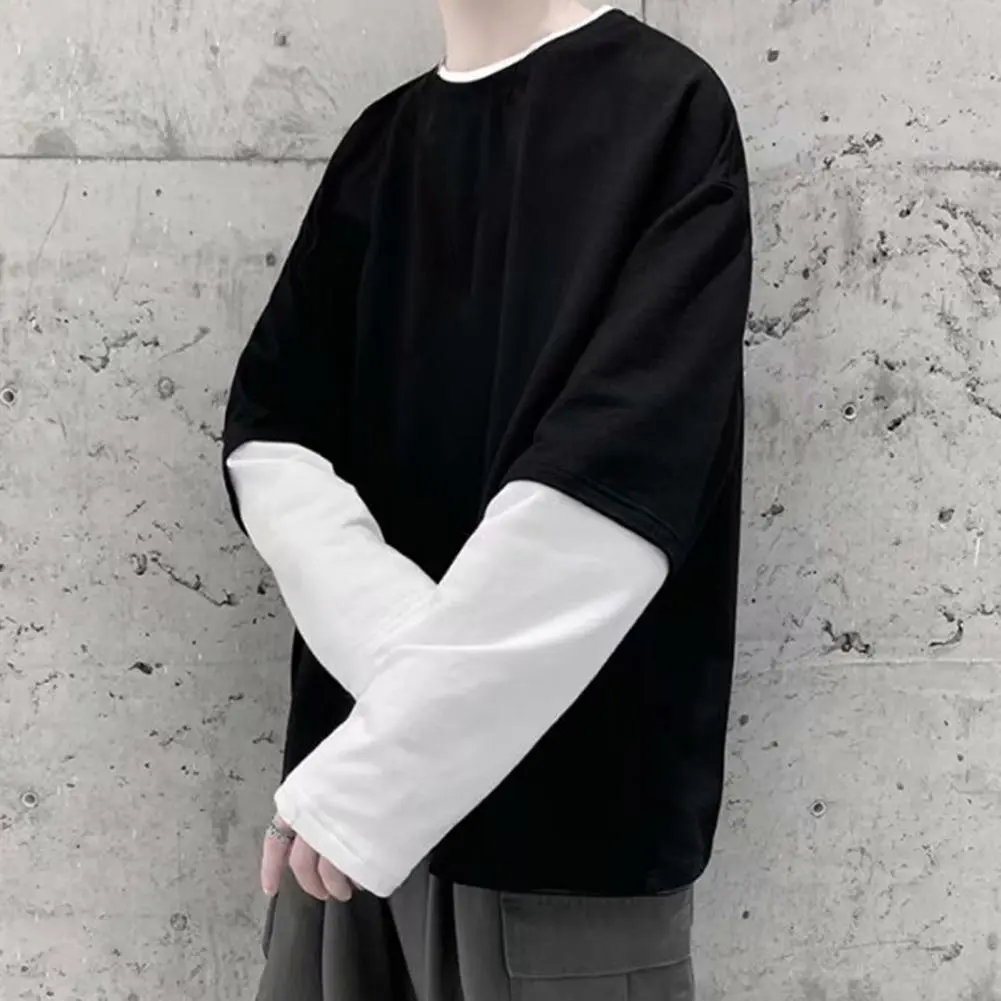 Long Sleeves Men T-shirt Fake Two Pieces O Neck Contrast Color Men's Sweatshirt Casual Oversized Soft Hip Hop Men Top for School
