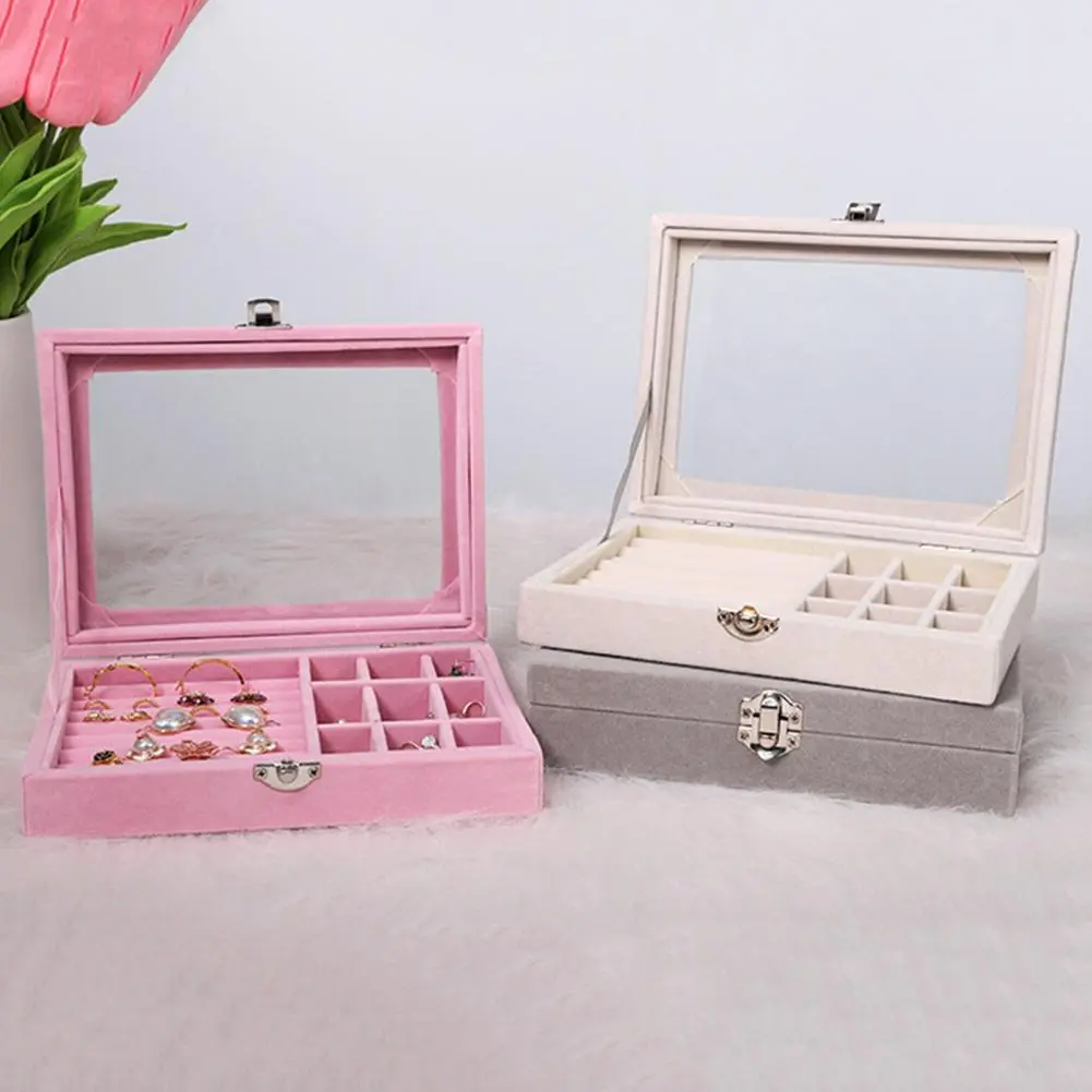 Jewelry Box Multi-grids Rectangle Transparent Visible Jewelry Storage Box Faux Leather Finger Ring Earring Necklace Jewelry Box