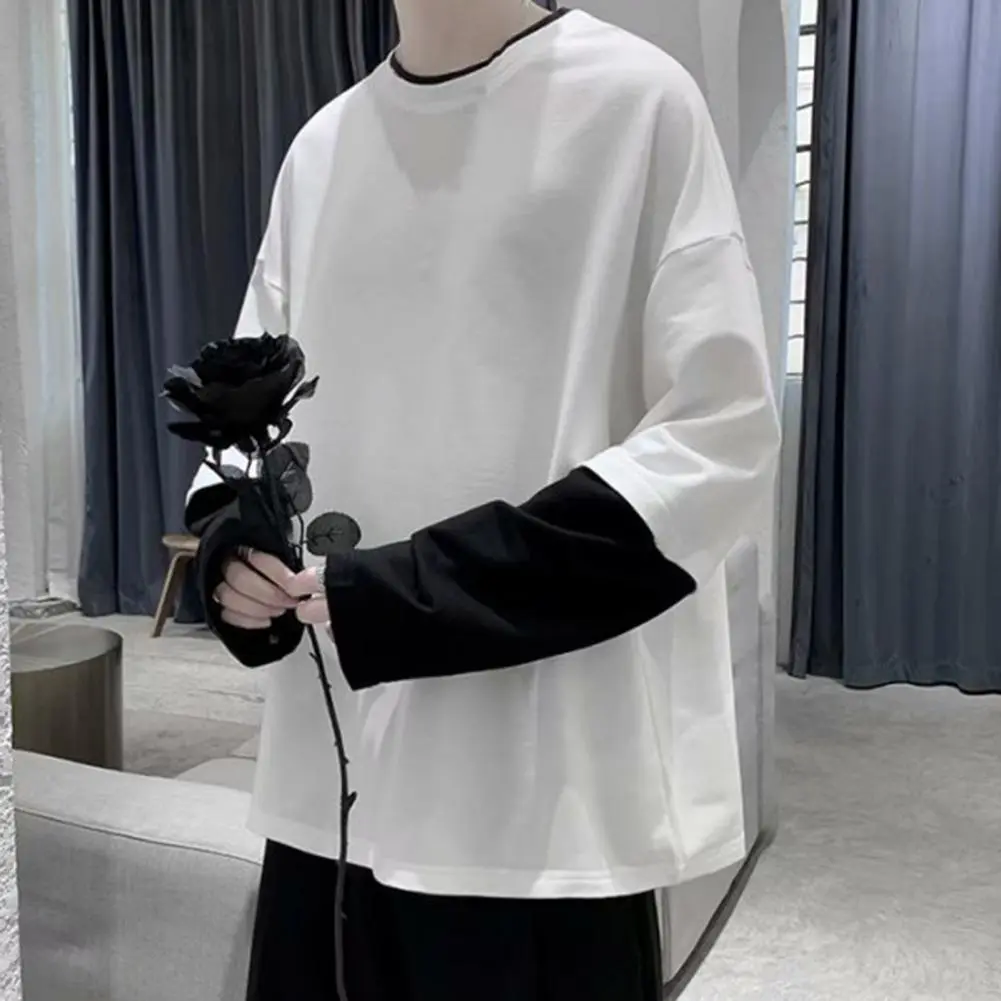 Long Sleeves Men T-shirt Fake Two Pieces O Neck Contrast Color Men's Sweatshirt Casual Oversized Soft Hip Hop Men Top for School