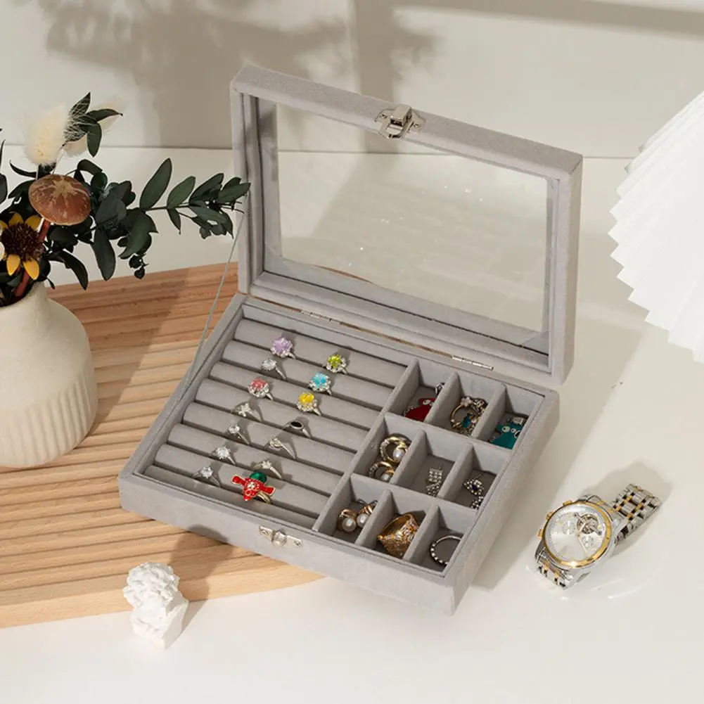 Jewelry Box Multi-grids Rectangle Transparent Visible Jewelry Storage Box Faux Leather Finger Ring Earring Necklace Jewelry Box