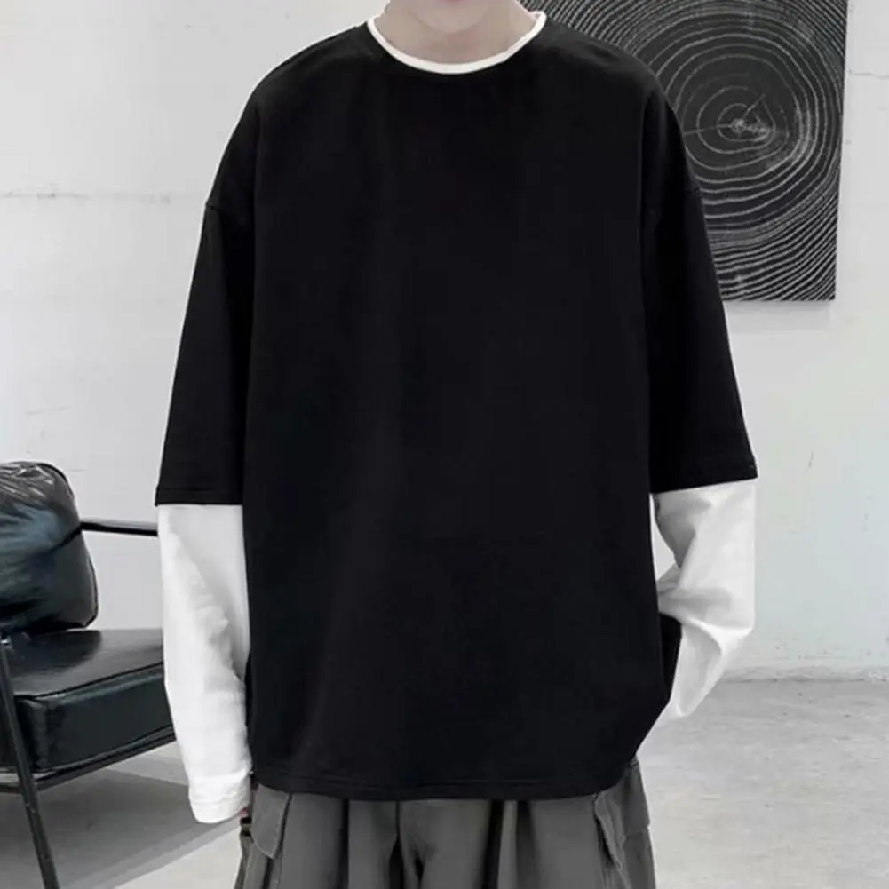 Long Sleeves Men T-shirt Fake Two Pieces O Neck Contrast Color Men's Sweatshirt Casual Oversized Soft Hip Hop Men Top for School