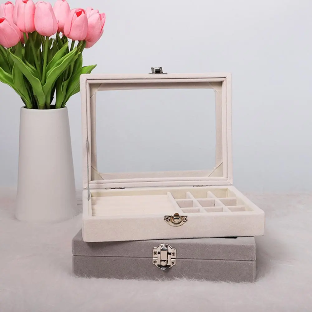 Jewelry Box Multi-grids Rectangle Transparent Visible Jewelry Storage Box Faux Leather Finger Ring Earring Necklace Jewelry Box