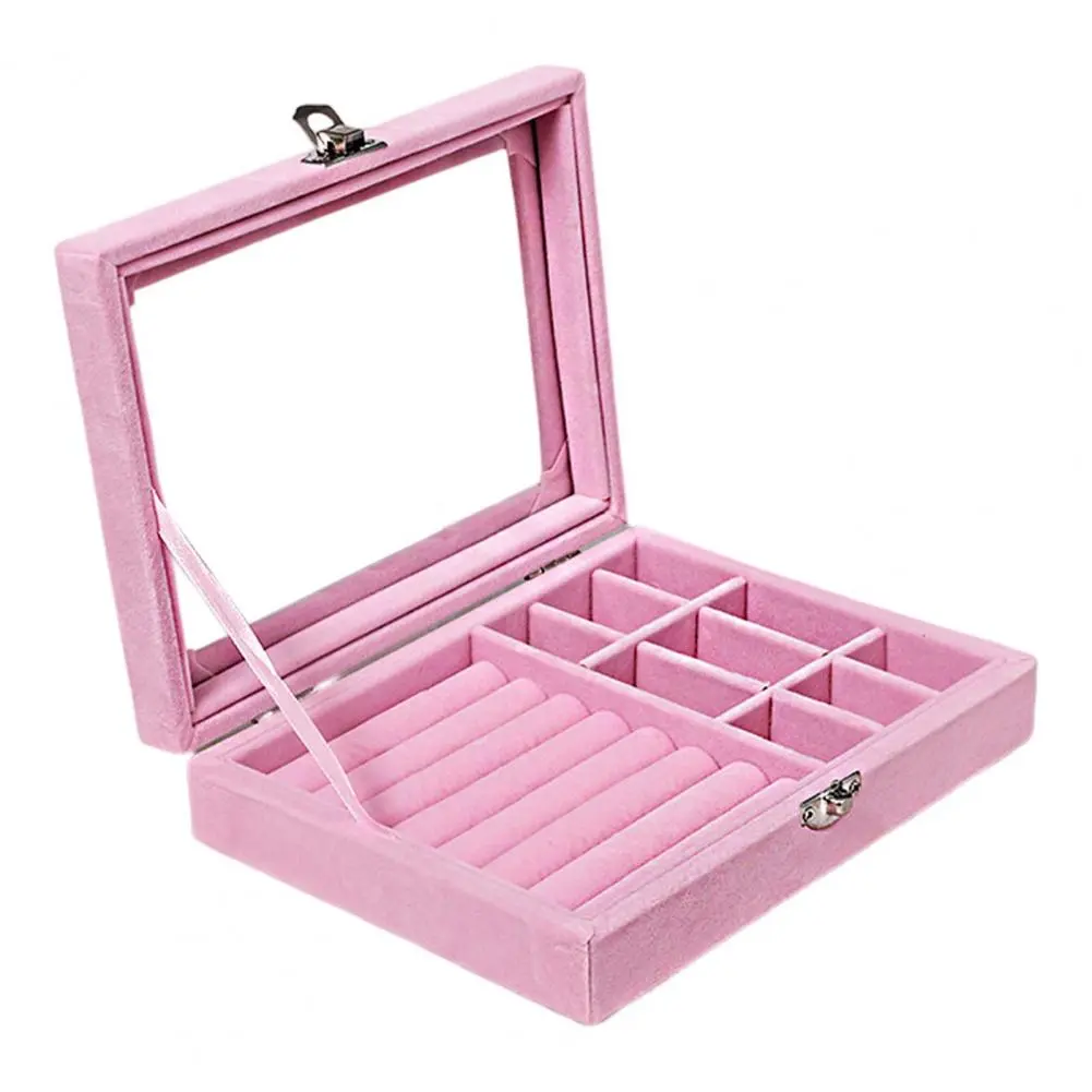Jewelry Box Multi-grids Rectangle Transparent Visible Jewelry Storage Box Faux Leather Finger Ring Earring Necklace Jewelry Box