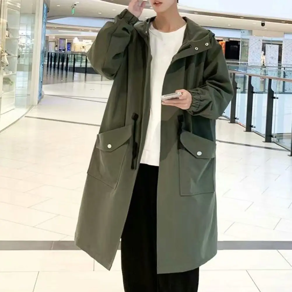 Men Trench Coat Hooded Mid Length Big Pockets Windbreak Coat Long Sleeve Windproof Solid Color Zipper Elastic Cuff Men Coat