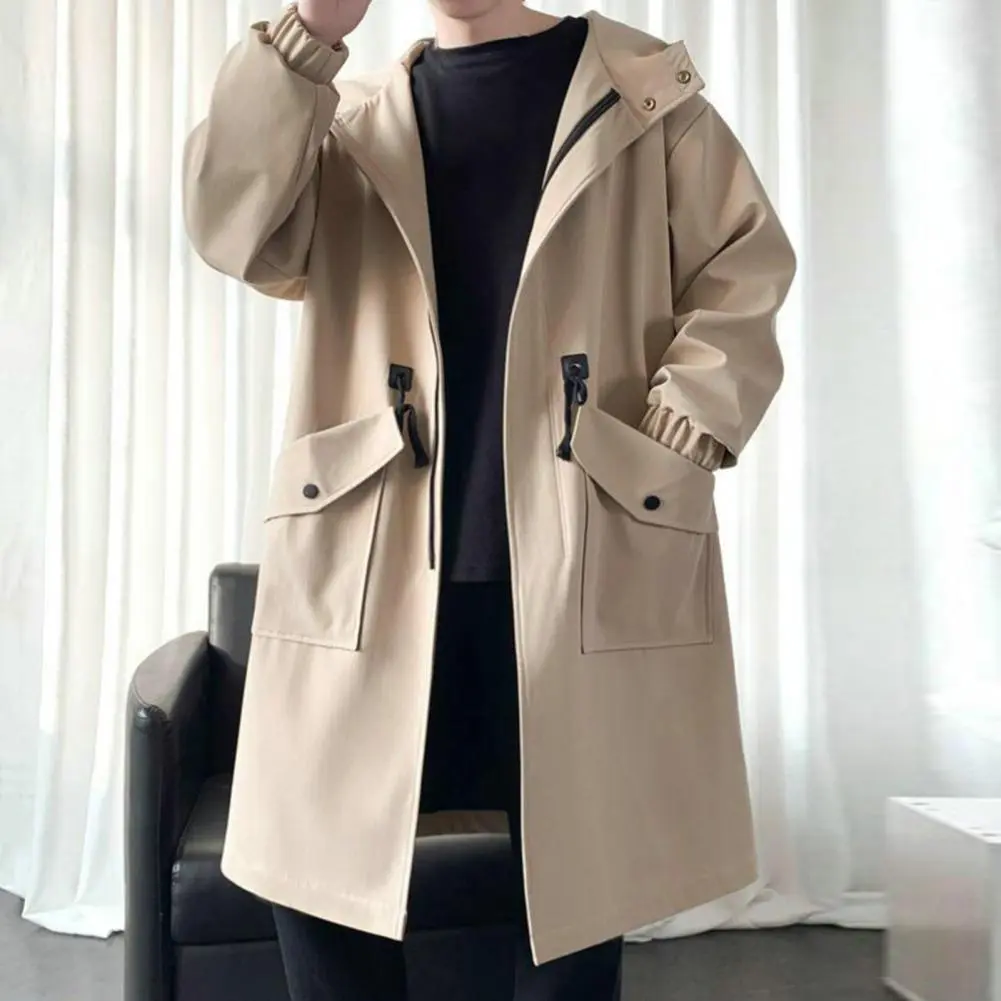 Men Trench Coat Hooded Mid Length Big Pockets Windbreak Coat Long Sleeve Windproof Solid Color Zipper Elastic Cuff Men Coat