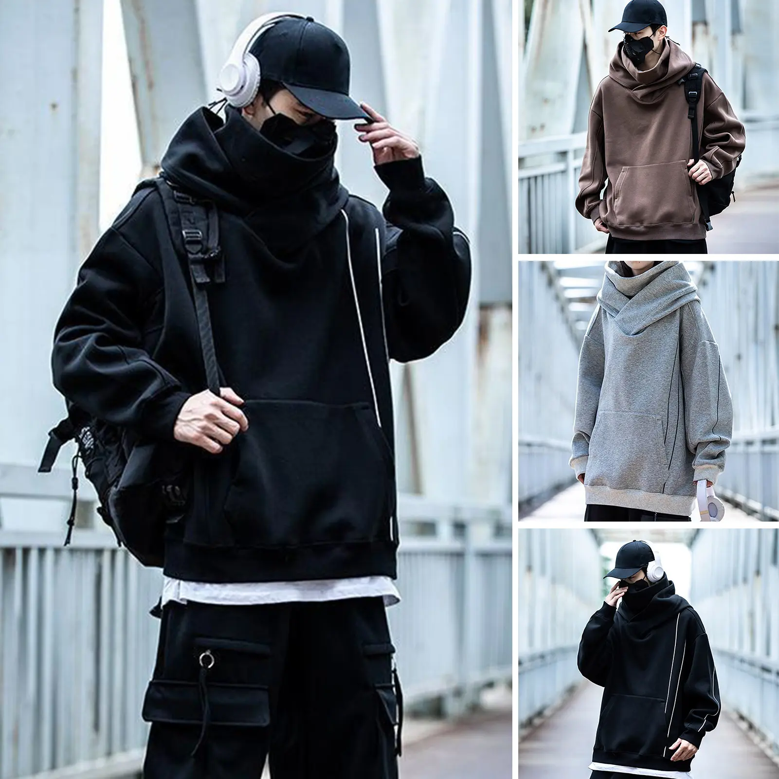 Winter Men Hoodie Techwear Japanese Harajuku Urban Sweatshirt Cyber Punk Men's Techwear Hooded High Collar Pullover Tops