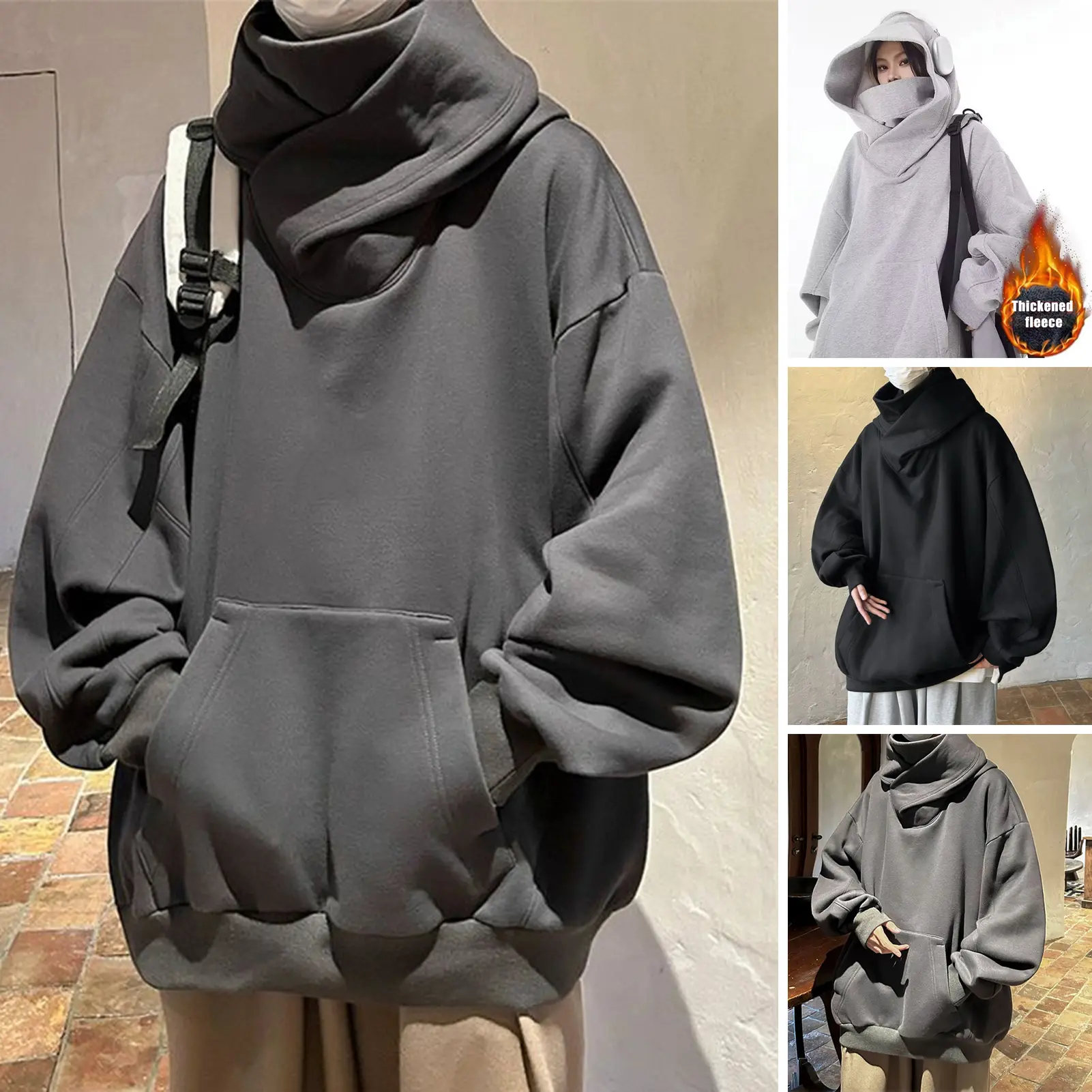 Winter Men Hoodie Techwear Japanese Harajuku Urban Sweatshirt Cyber Punk Men's Techwear Hooded High Collar Pullover Tops