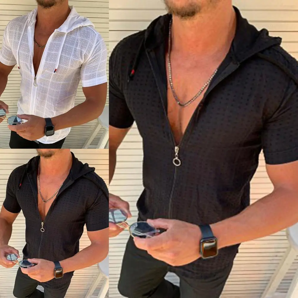 Simple Men T-shirt Streetwear Slim Top Front Open Hooded Zipper Front Open Hooded T-shirt