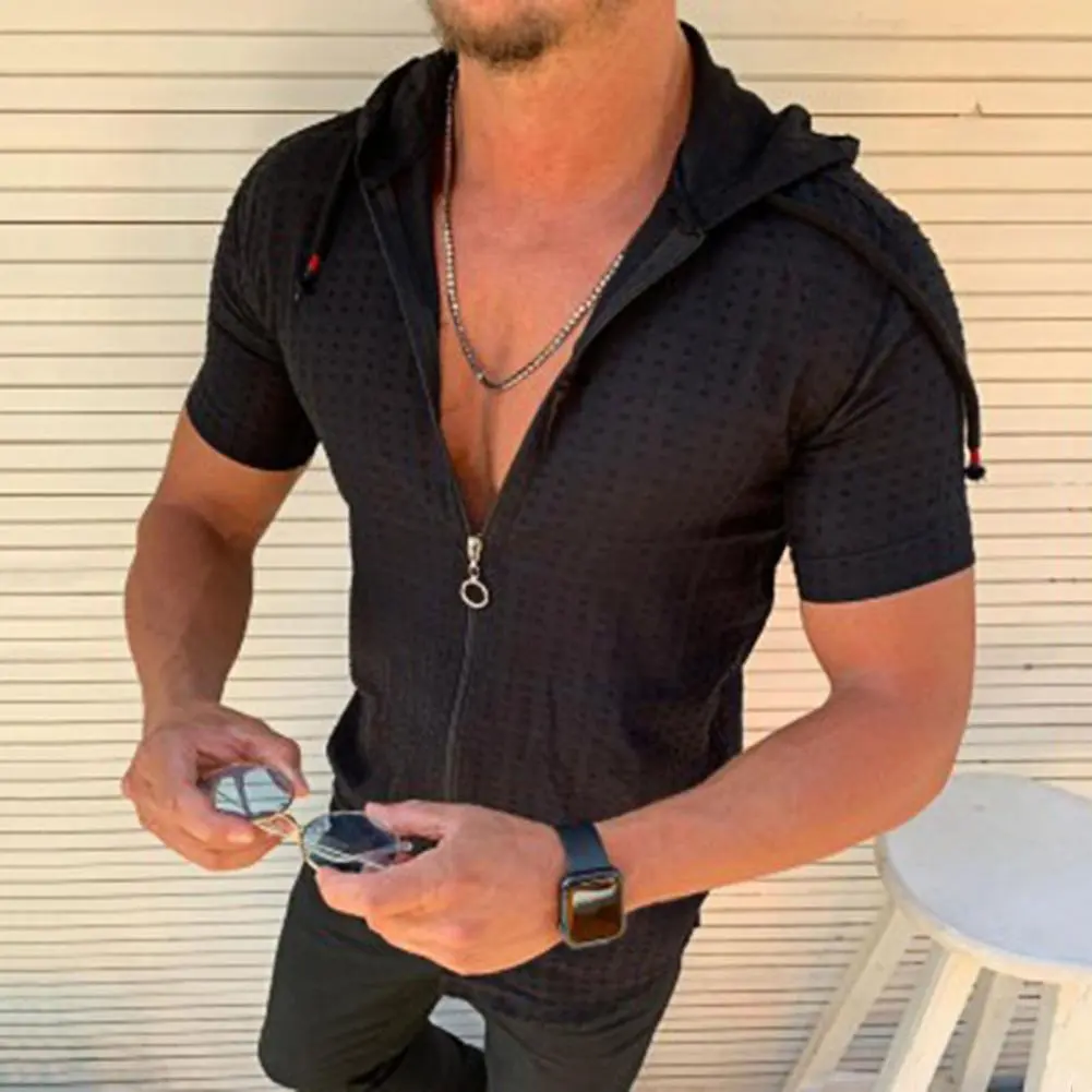 Simple Men T-shirt Streetwear Slim Top Front Open Hooded Zipper Front Open Hooded T-shirt