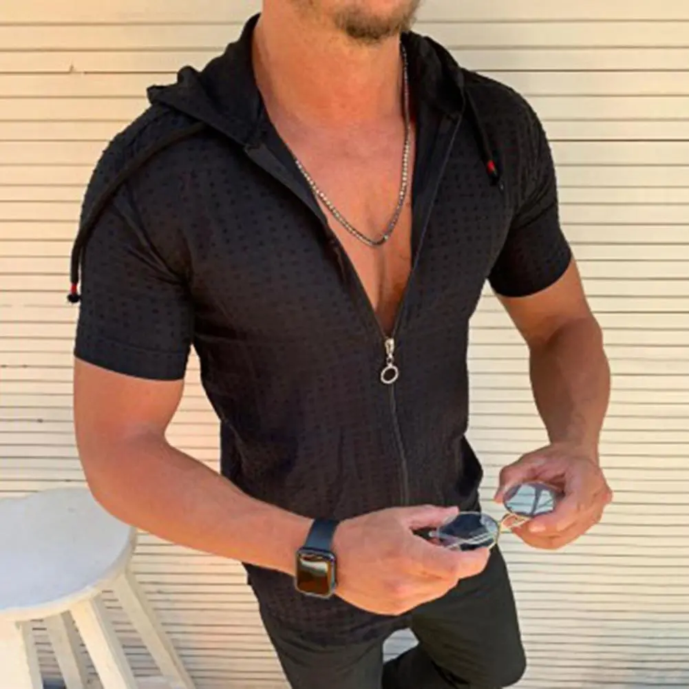 Simple Men T-shirt Streetwear Slim Top Front Open Hooded Zipper Front Open Hooded T-shirt