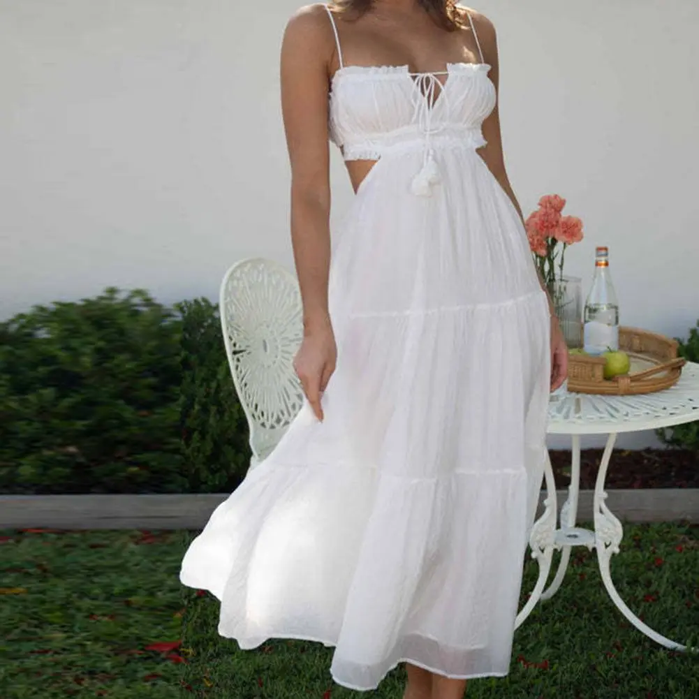 Backless Beach Dress Lace-up Spaghetti Straps Backless Midi Dress with Flowy Hem Women Sexy Bandeau Sling Long Dress
