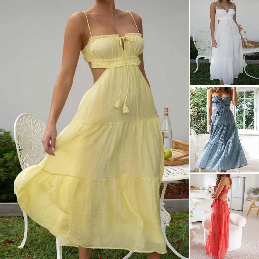 Backless Beach Dress Lace-up Spaghetti Straps Backless Midi Dress with Flowy Hem Women Sexy Bandeau Sling Long Dress