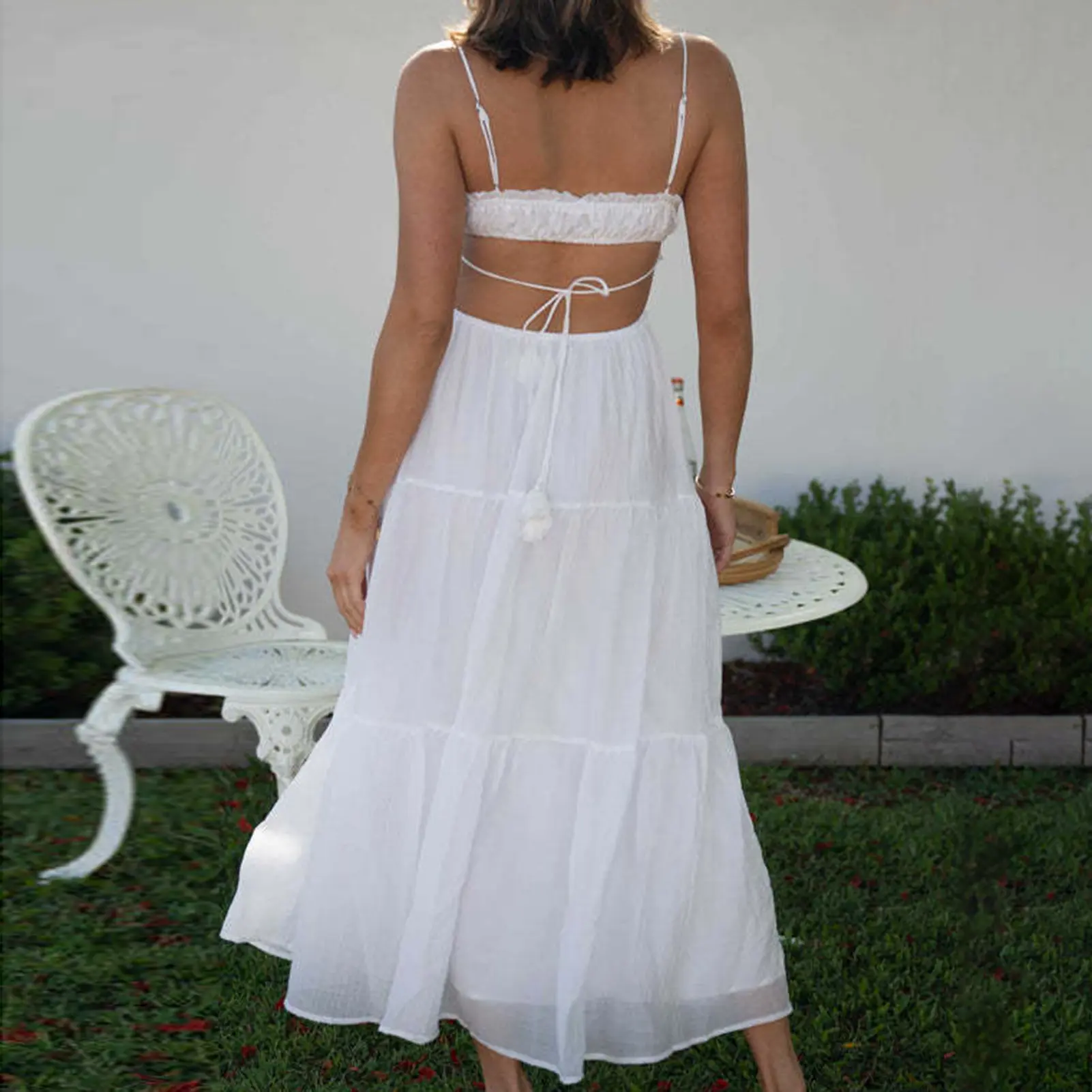 Backless Beach Dress Lace-up Spaghetti Straps Backless Midi Dress with Flowy Hem Women Sexy Bandeau Sling Long Dress