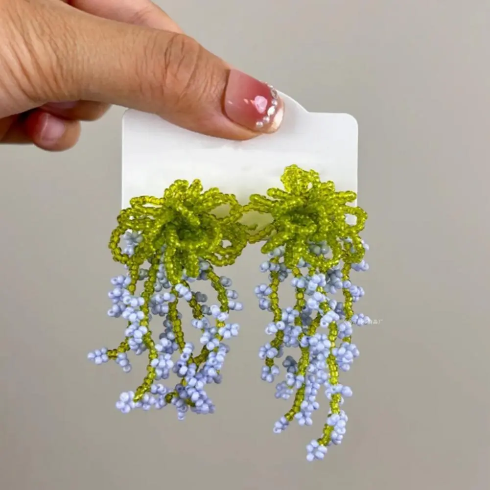 Beaded Tassel Earrings Statement Flower Earrings Elegant Beaded Flower Tassel Earrings for Women Stylish Dangle with for Parties