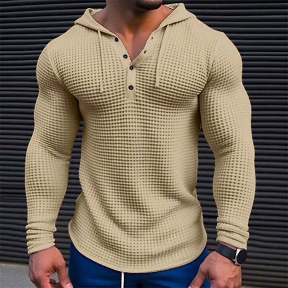 Spring Autumn Men Sweatshirt Top Solid Color Slim Fit Hoodie Waffle Texture Long Sleeve Casual Pullover Shirt Hooded Top for Men