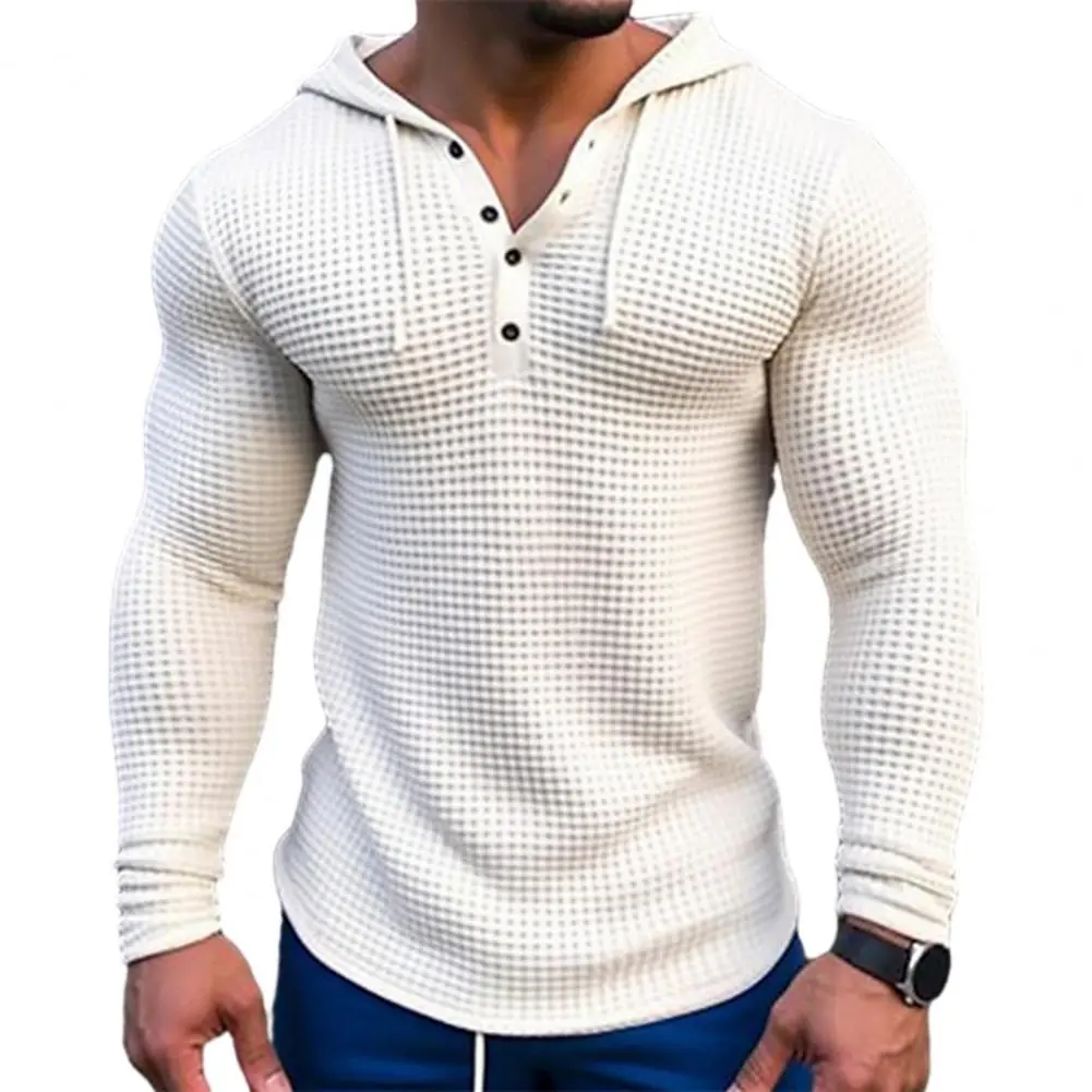 Spring Autumn Men Sweatshirt Top Solid Color Slim Fit Hoodie Waffle Texture Long Sleeve Casual Pullover Shirt Hooded Top for Men