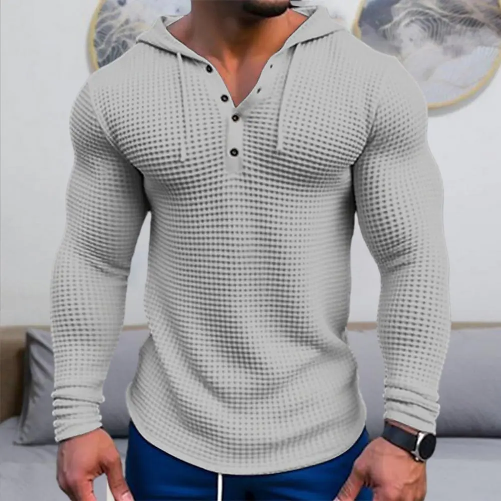 Spring Autumn Men Sweatshirt Top Solid Color Slim Fit Hoodie Waffle Texture Long Sleeve Casual Pullover Shirt Hooded Top for Men