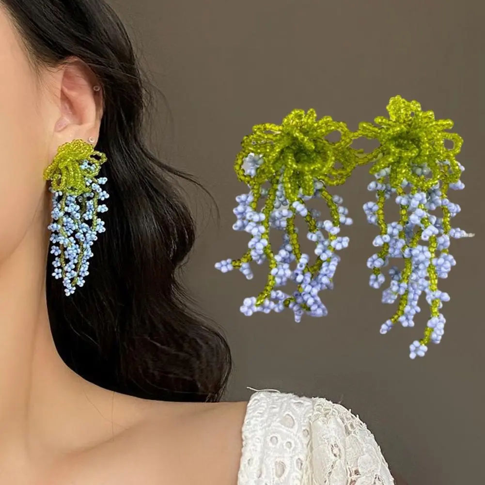 Beaded Tassel Earrings Statement Flower Earrings Elegant Beaded Flower Tassel Earrings for Women Stylish Dangle with for Parties