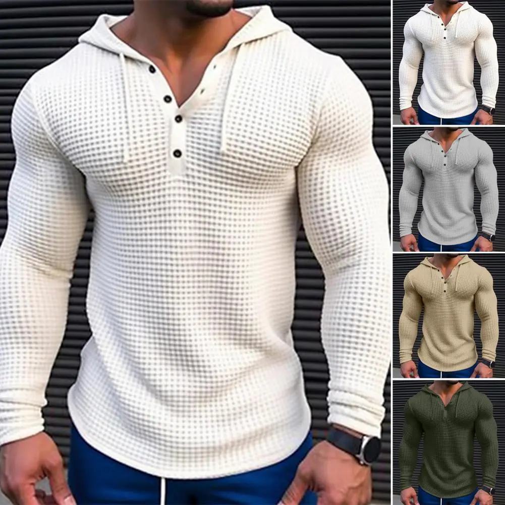 Spring Autumn Men Sweatshirt Top Solid Color Slim Fit Hoodie Waffle Texture Long Sleeve Casual Pullover Shirt Hooded Top for Men