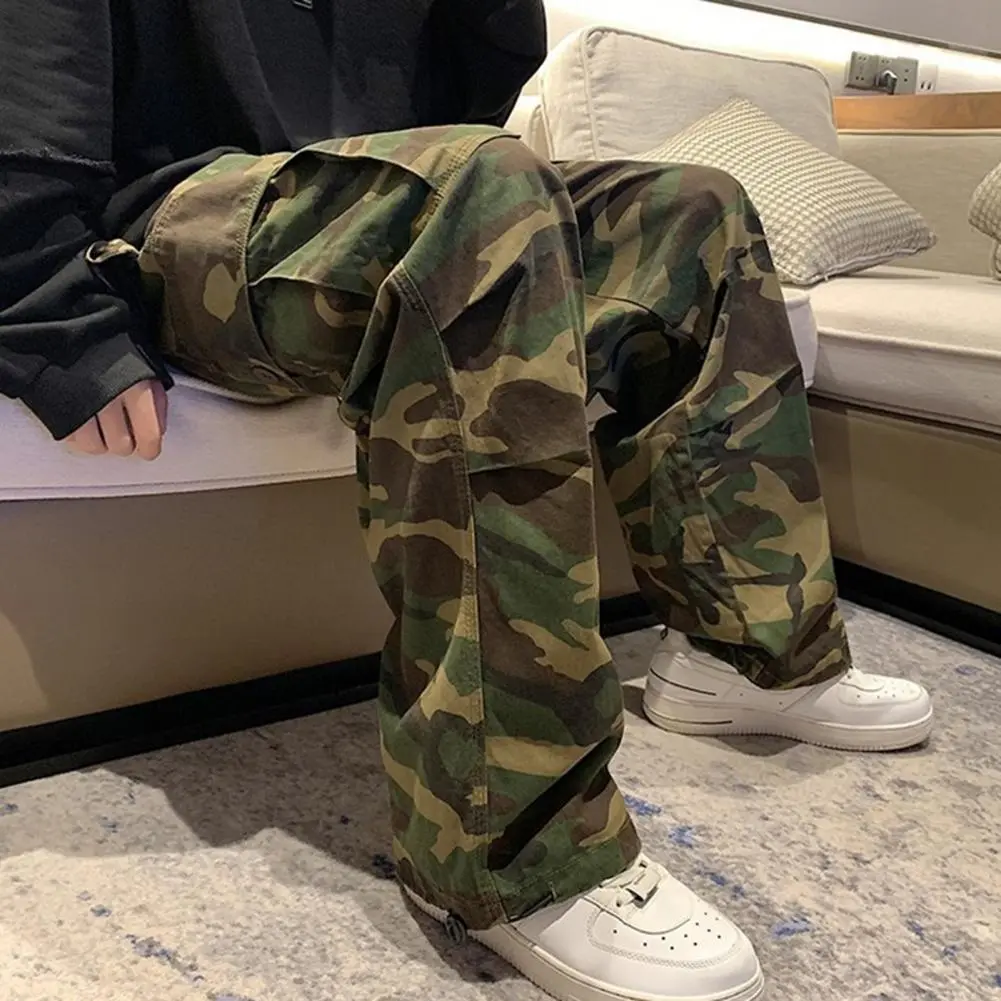 Casual Men Pants Male Jogging Trousers Drawstring Straight Printed Mid Waist Pants