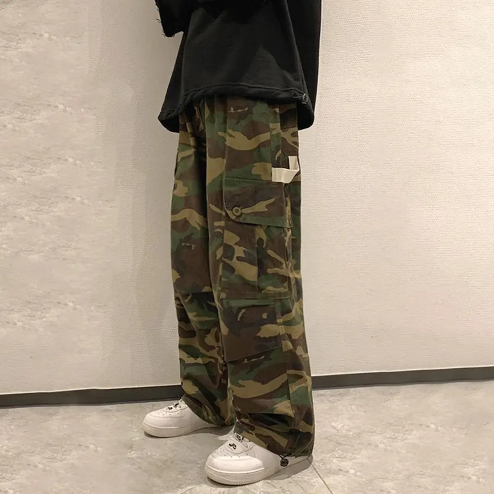 Casual Men Pants Male Jogging Trousers Drawstring Straight Printed Mid Waist Pants