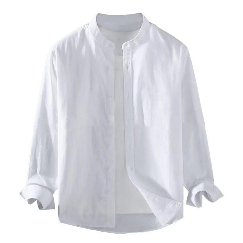 Men Spring Shirt Single-breasted Stand Collar Cardigan Shirt Long Sleeevs Loose Oversized Mid Length Men Fall Top