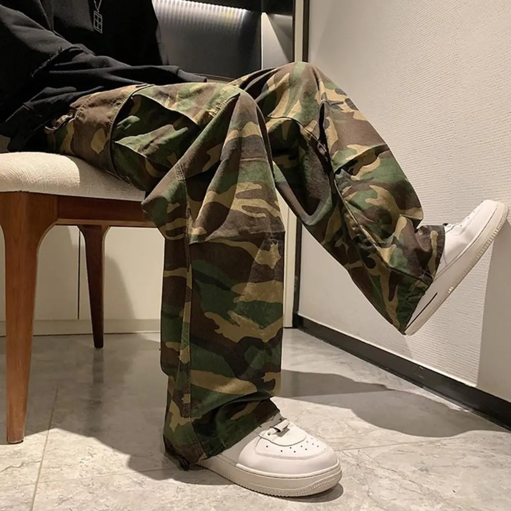 Casual Men Pants Male Jogging Trousers Drawstring Straight Printed Mid Waist Pants