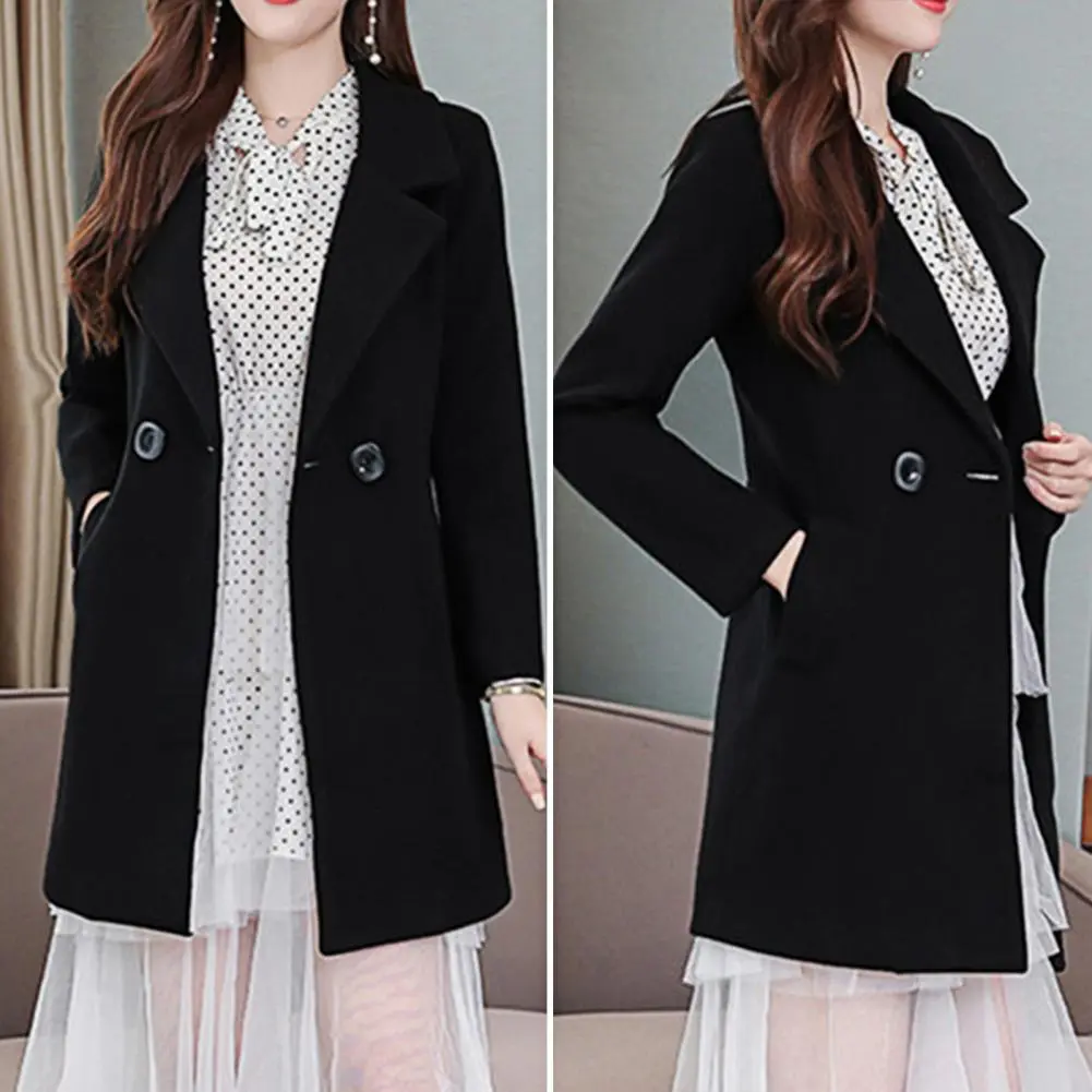 Women Fall Coat Cardigan Winter Women Woolen Coat Jackets Double Buttons Thick Lapel Long Sleeves Keep Warm Lady Overcoat