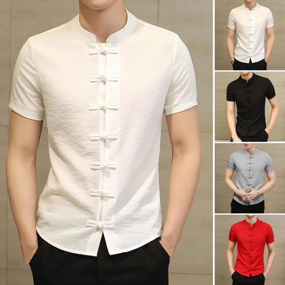 Chinese Shirt Stand Collar Men Summer Shirt Short Sleeve Traditional Chinese Style Summer Shirt Knot Buttons Men Top Clothes