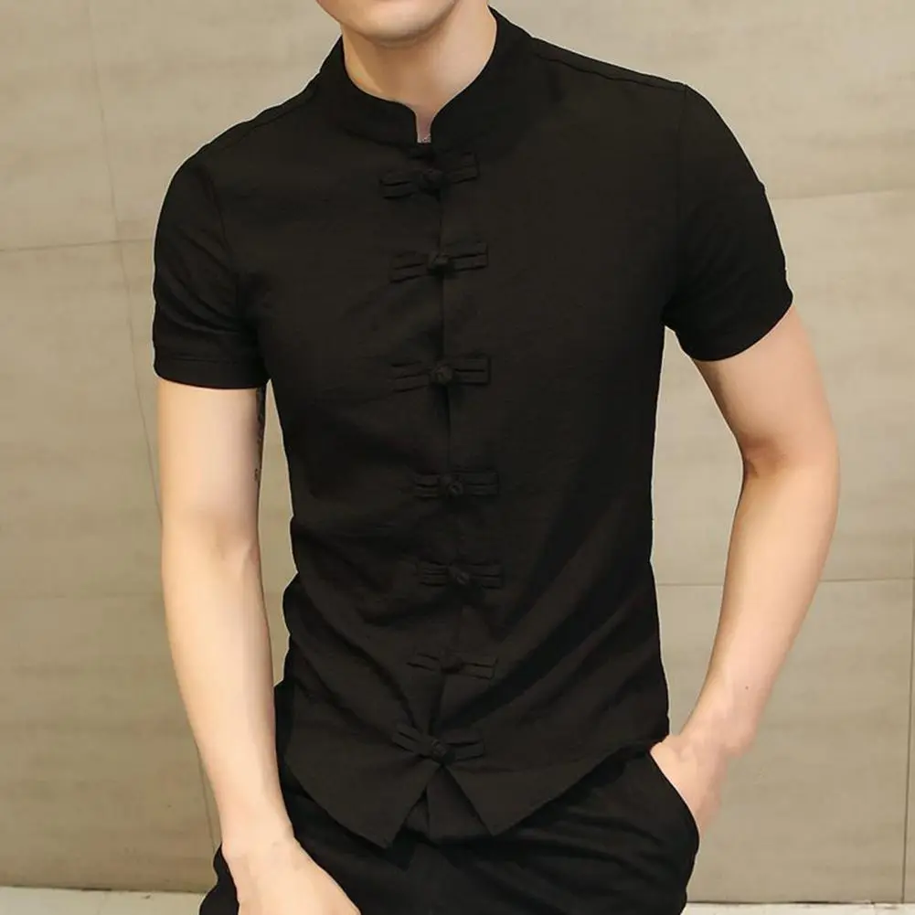 Chinese Shirt Stand Collar Men Summer Shirt Short Sleeve Traditional Chinese Style Summer Shirt Knot Buttons Men Top Clothes