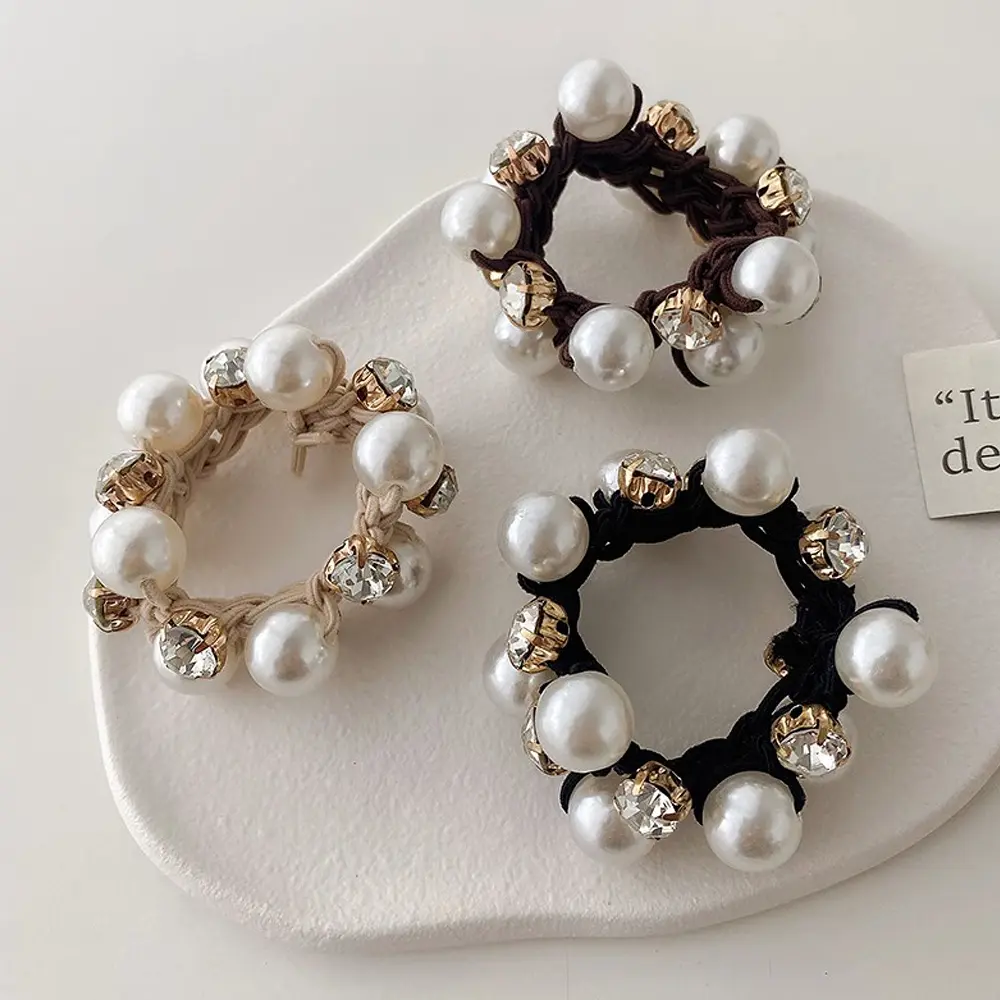 Elegant Rhinestone Pearl Hair Ties High Elastic Beaded Scrunchies For Ponytail Bun Girls Summer Daily Casual Headwear