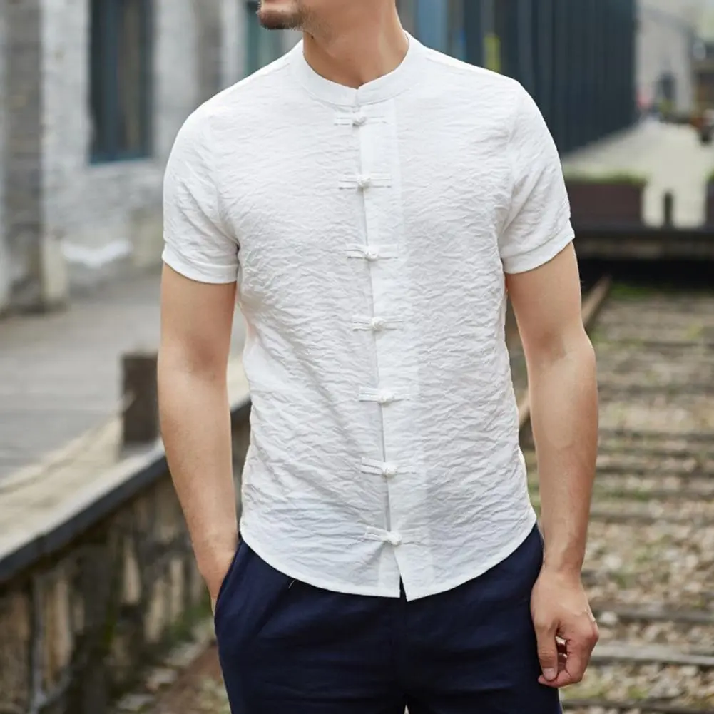 Chinese Shirt Stand Collar Men Summer Shirt Short Sleeve Traditional Chinese Style Summer Shirt Knot Buttons Men Top Clothes
