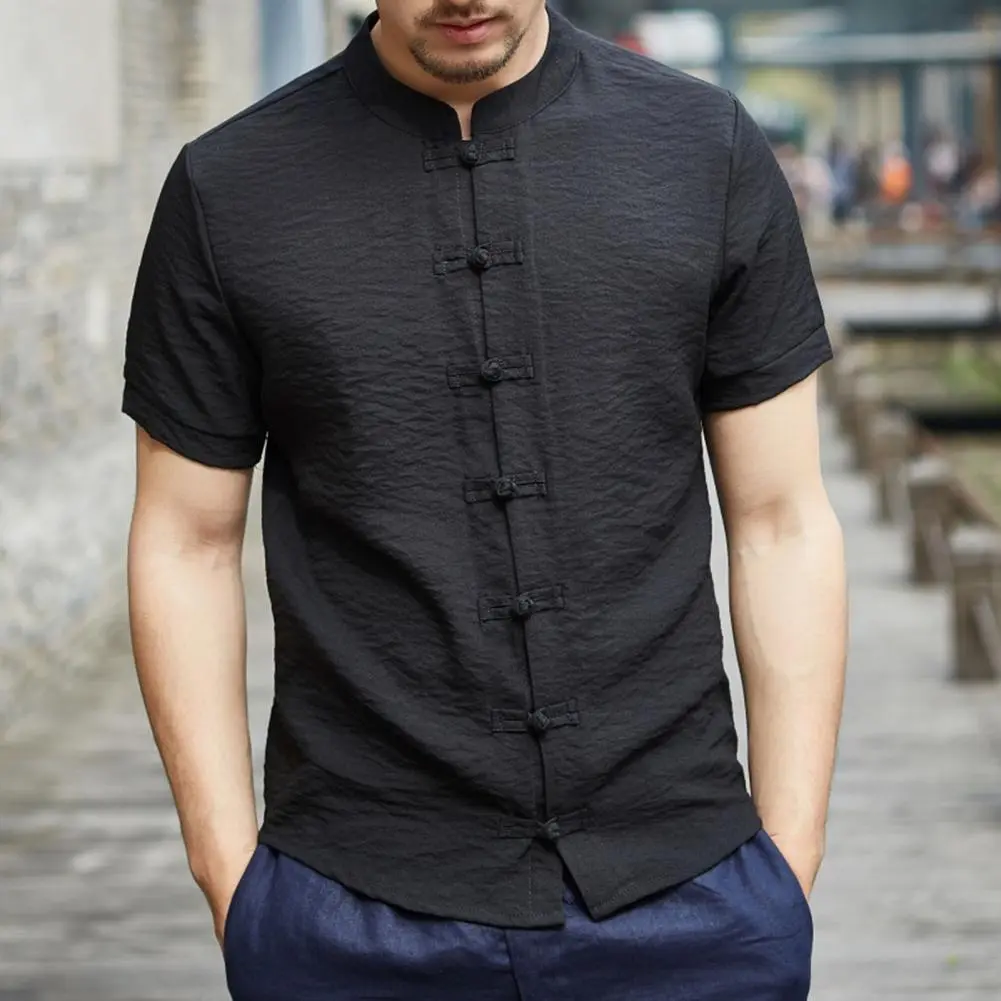 Chinese Shirt Stand Collar Men Summer Shirt Short Sleeve Traditional Chinese Style Summer Shirt Knot Buttons Men Top Clothes
