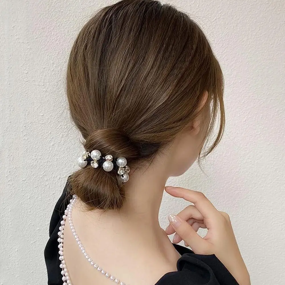 Elegant Rhinestone Pearl Hair Ties High Elastic Beaded Scrunchies For Ponytail Bun Girls Summer Daily Casual Headwear