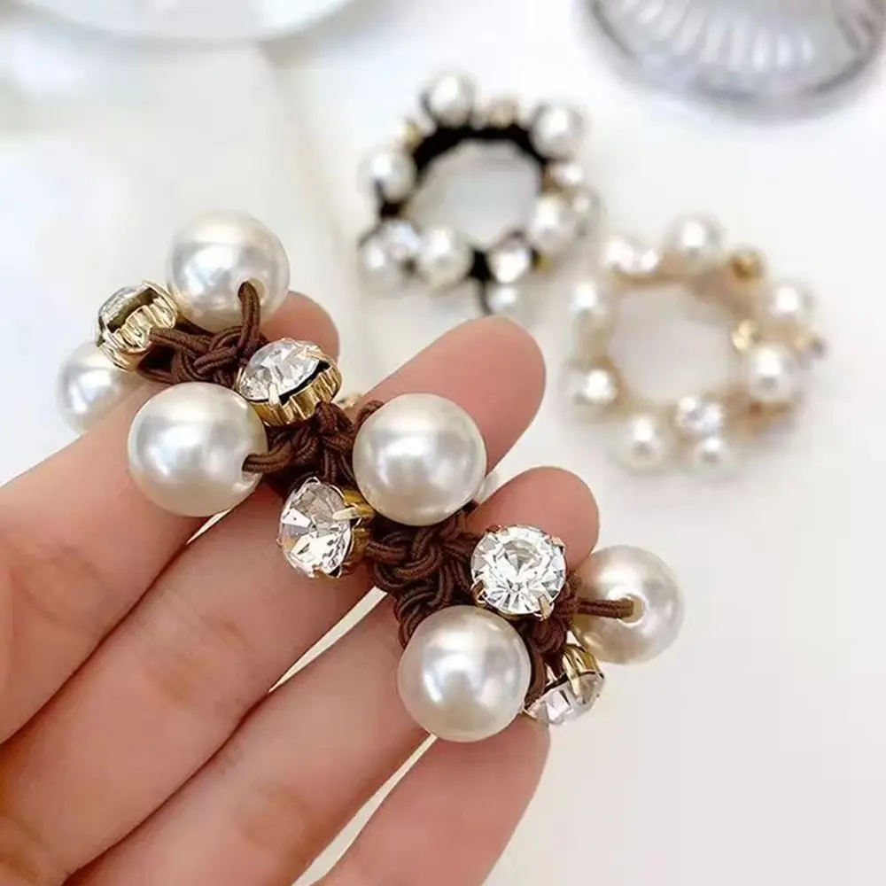 Elegant Rhinestone Pearl Hair Ties High Elastic Beaded Scrunchies For Ponytail Bun Girls Summer Daily Casual Headwear
