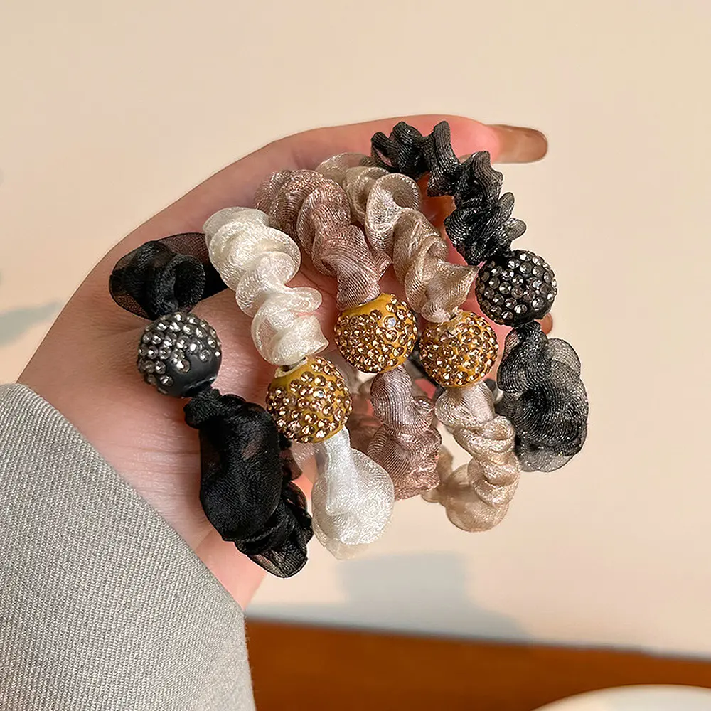 5pcs/Set Luxury Rhinestone Ball Scrunches Solid Color Organza Hair Loops For Women Girls Ponytail Holder Rubber Band Daily Uses