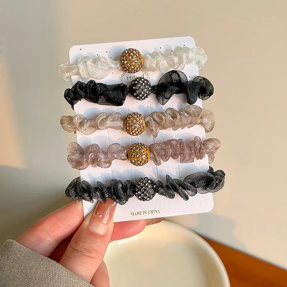 5pcs/Set Luxury Rhinestone Ball Scrunches Solid Color Organza Hair Loops For Women Girls Ponytail Holder Rubber Band Daily Uses