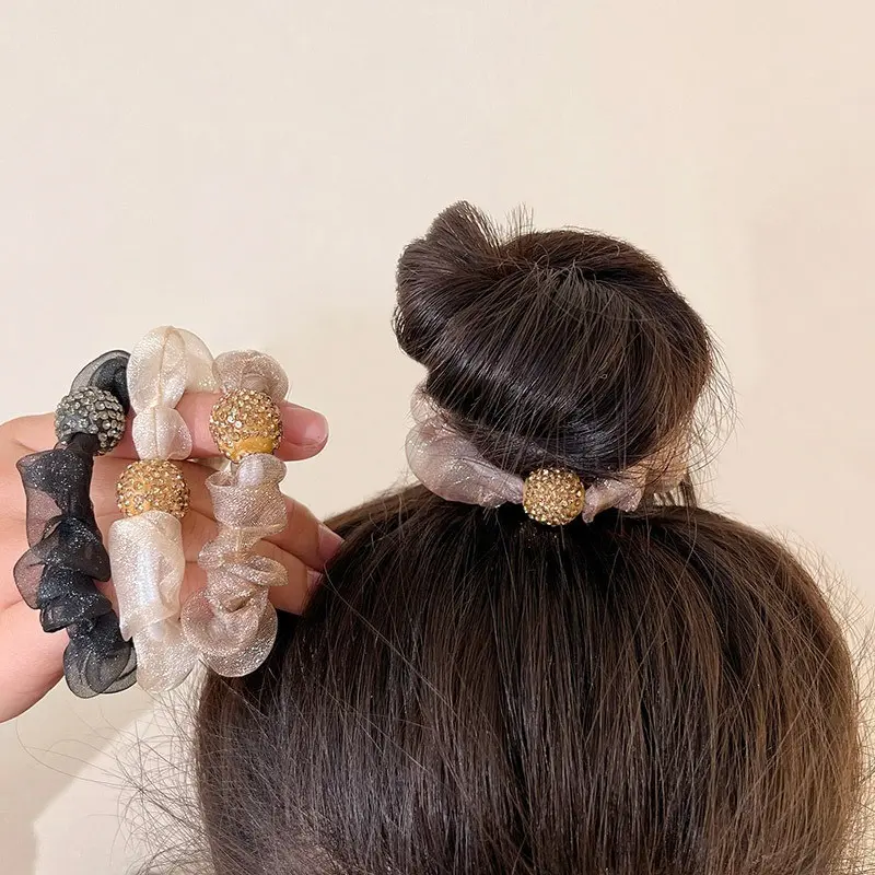 5pcs/Set Luxury Rhinestone Ball Scrunches Solid Color Organza Hair Loops For Women Girls Ponytail Holder Rubber Band Daily Uses