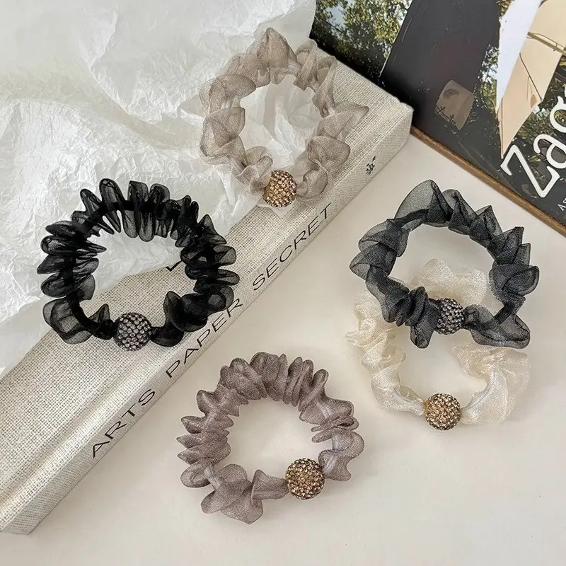 5pcs/Set Luxury Rhinestone Ball Scrunches Solid Color Organza Hair Loops For Women Girls Ponytail Holder Rubber Band Daily Uses