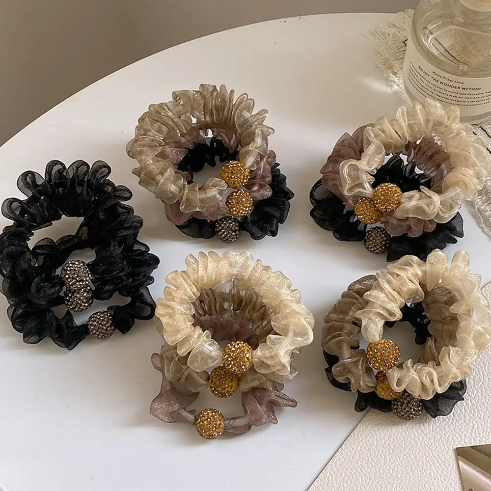 5pcs/Set Luxury Rhinestone Ball Scrunches Solid Color Organza Hair Loops For Women Girls Ponytail Holder Rubber Band Daily Uses