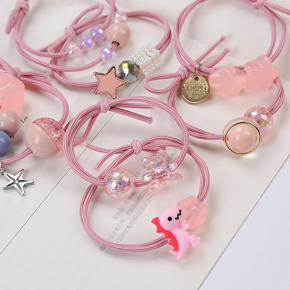 8pcs/Set Fashion Stars Beaded Hair Rope Kids Cute Bear Dinosaur Animal Rubber Band For Child Girls Ponytail Bow Hair Ties Loop